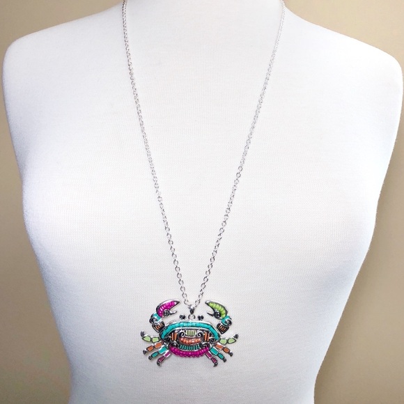 Long Multicolor Bead Painted Crab Silver Necklace - Picture 3 of 6